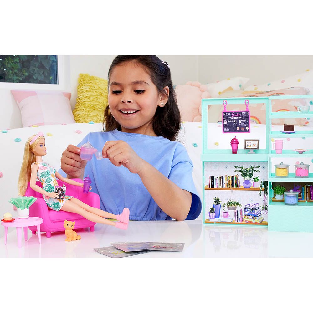 Mattel Games Barbie Self-Care Tea Shop Playset, 22 Piece Cafe Set with Doll, Colour Change Teapot, Pet Kitten, Pretend Drinks and Accessories for Kids