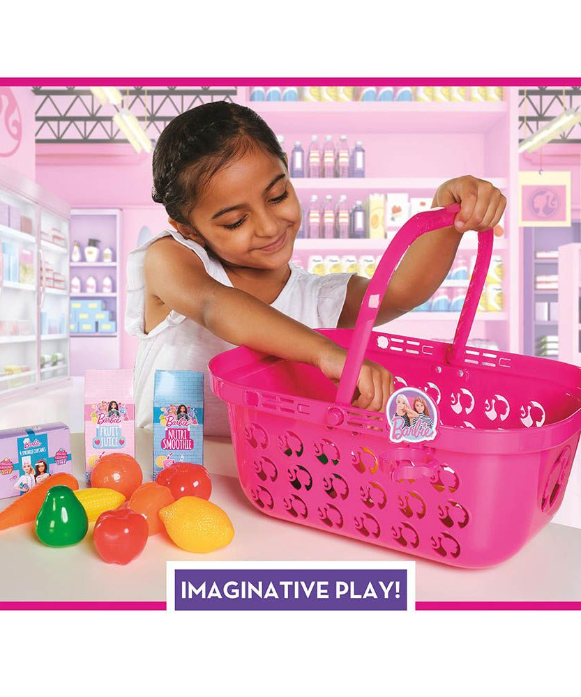 مجموعة لعب سلة التسوق باربي للأطفال من سن 3 سنوات فما فوق، لعبة تظاهرية للتسوق مع الفواكه والخضروات والعصير والوجبات الخفيفة