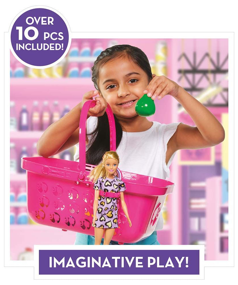 مجموعة لعب سلة التسوق باربي للأطفال من سن 3 سنوات فما فوق، لعبة تظاهرية للتسوق مع الفواكه والخضروات والعصير والوجبات الخفيفة
