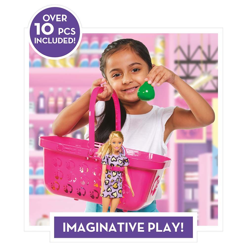 مجموعة لعب سلة التسوق باربي للأطفال من سن 3 سنوات فما فوق، لعبة تظاهرية للتسوق مع الفواكه والخضروات والعصير والوجبات الخفيفة