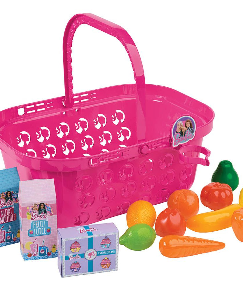 مجموعة لعب سلة التسوق باربي للأطفال من سن 3 سنوات فما فوق، لعبة تظاهرية للتسوق مع الفواكه والخضروات والعصير والوجبات الخفيفة