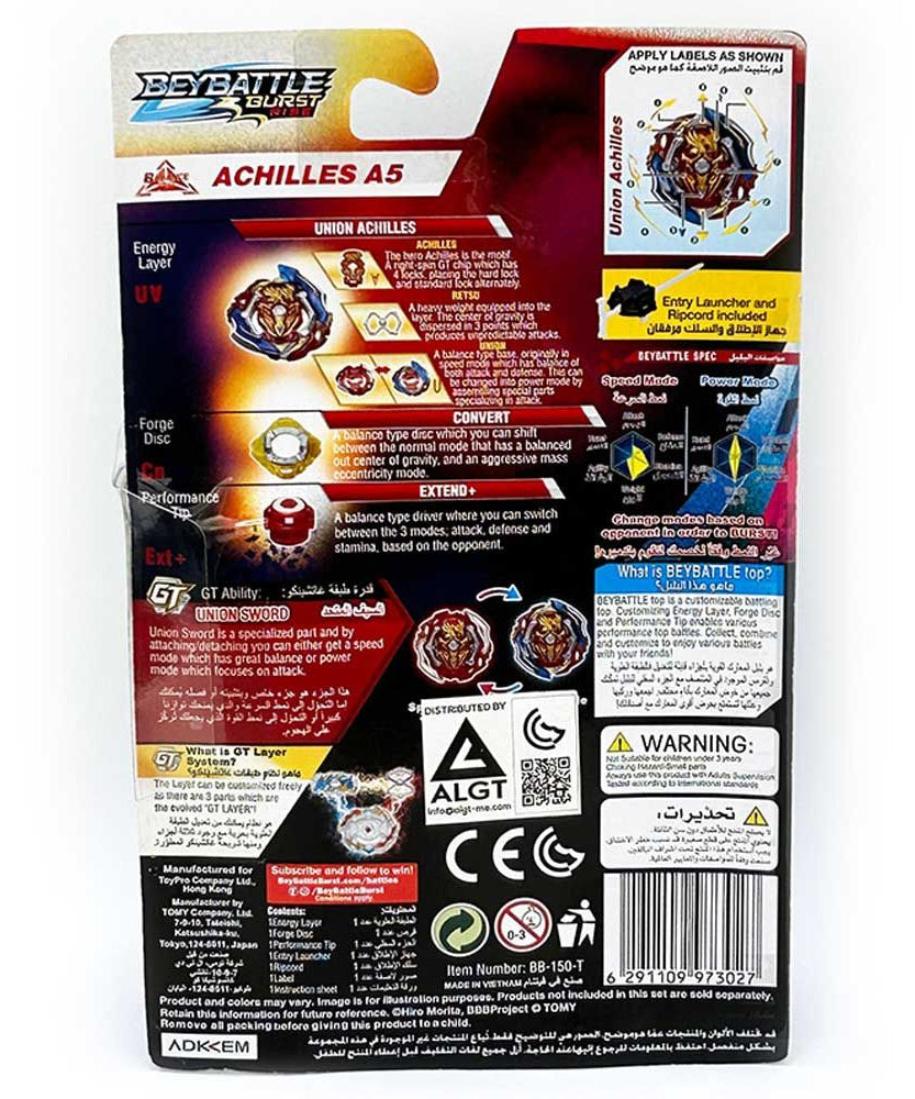 Beyblade Burst Takara Tomy Achilles A5, Balance-Type GT Chip Beyblade with Launcher and Ripcord, Action Spinning Top for Kids