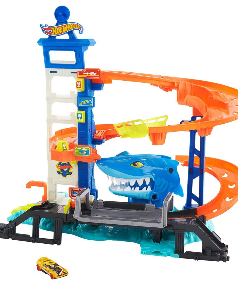 مجموعة مسار الهروب من لعبة هوت ويلز سيتي شارك مع سيارة لعبة بمقياس 1:64، مجموعة لعب جراج متعددة المستويات للأطفال من سن 4 سنوات فما فوق