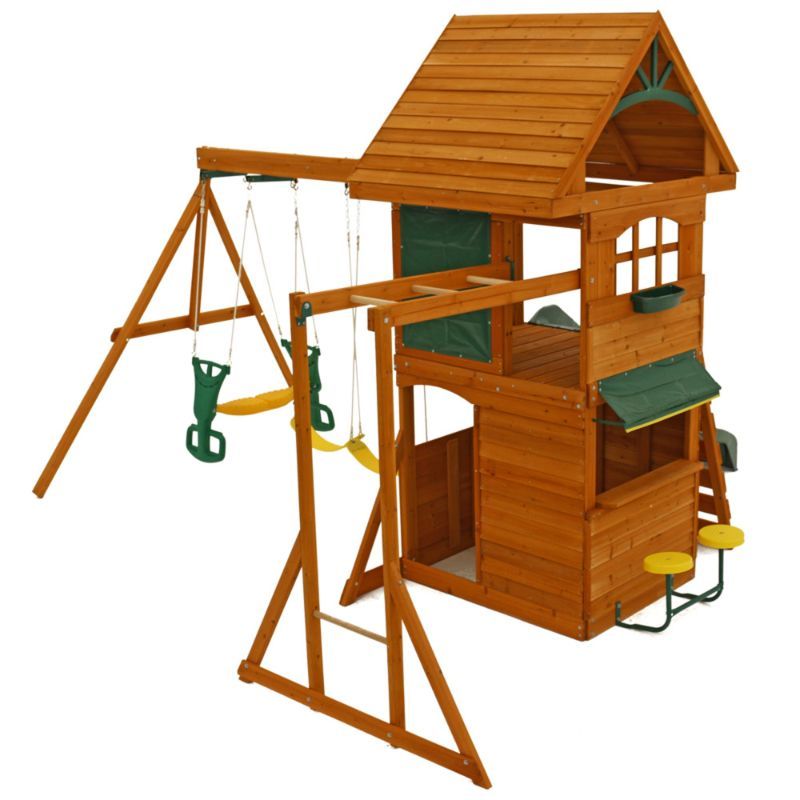 KidKraft Ridgeview Deluxe Clubhouse Wooden Swing Set/Playset with High-Rail Wave Slide, Rock Wall, Monkey Bars, Glider and Café Area, Outdoor Backyard Playset for Kids Ages 3 to 10
