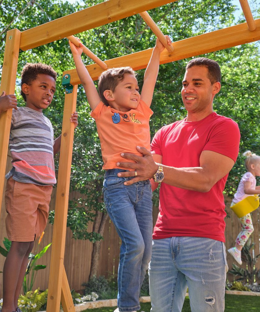 KidKraft Overland Heights Wooden Swing Set / Playset – Outdoor Clubhouse, Slides, Swings, Monkey Bars, and Play Kitchen for Kids Age 3+