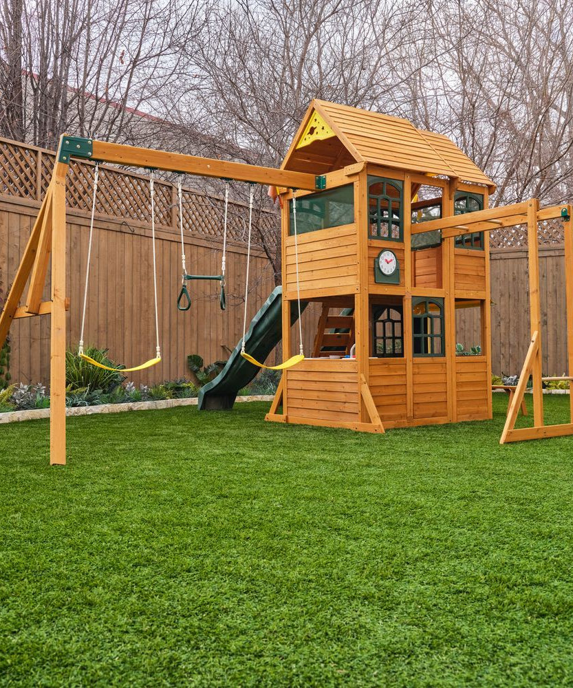 KidKraft Overland Heights Wooden Swing Set / Playset – Outdoor Clubhouse, Slides, Swings, Monkey Bars, and Play Kitchen for Kids Age 3+