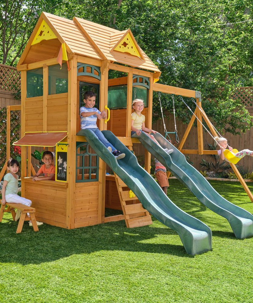 KidKraft Overland Heights Wooden Swing Set / Playset – Outdoor Clubhouse, Slides, Swings, Monkey Bars, and Play Kitchen for Kids Age 3+