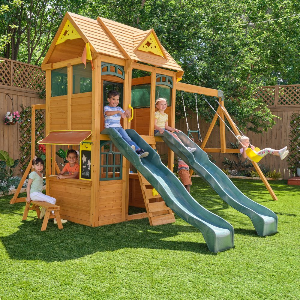 KidKraft Overland Heights Wooden Swing Set / Playset – Outdoor Clubhouse, Slides, Swings, Monkey Bars, and Play Kitchen for Kids Age 3+