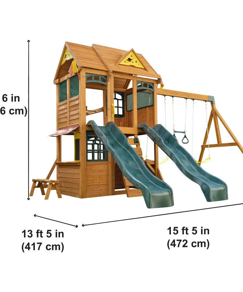 KidKraft Overland Heights Wooden Swing Set / Playset – Outdoor Clubhouse, Slides, Swings, Monkey Bars, and Play Kitchen for Kids Age 3+