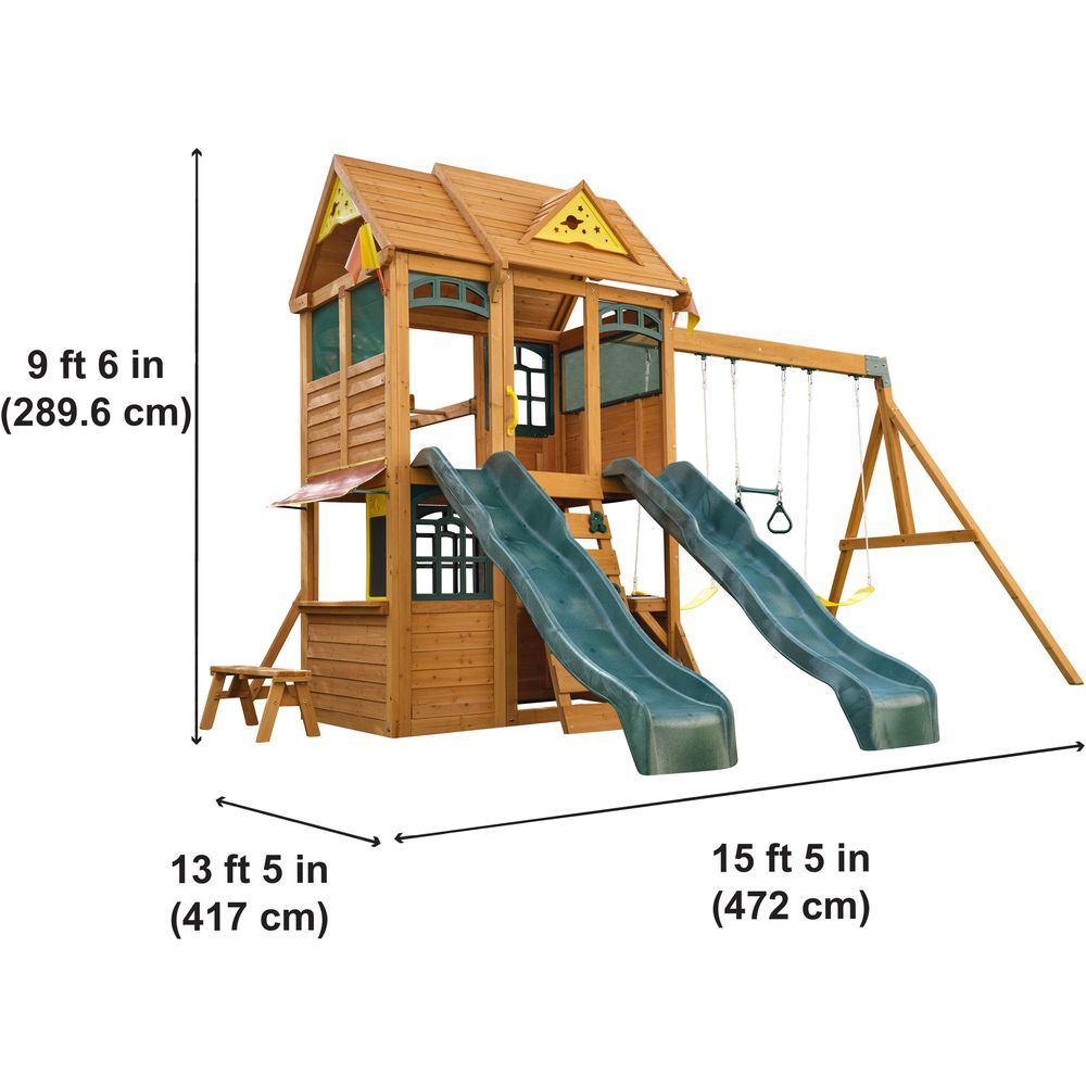 KidKraft Overland Heights Wooden Swing Set / Playset – Outdoor Clubhouse, Slides, Swings, Monkey Bars, and Play Kitchen for Kids Age 3+