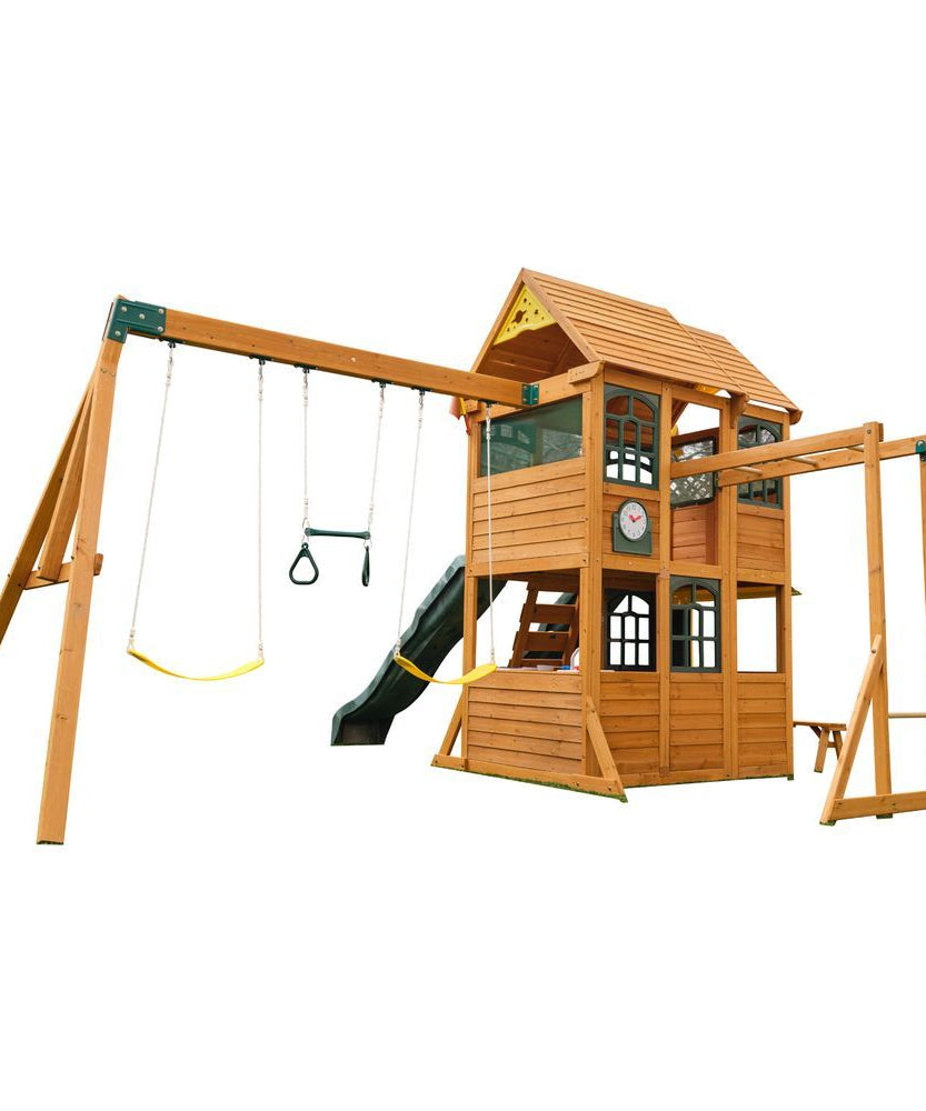 KidKraft Overland Heights Wooden Swing Set / Playset – Outdoor Clubhouse, Slides, Swings, Monkey Bars, and Play Kitchen for Kids Age 3+
