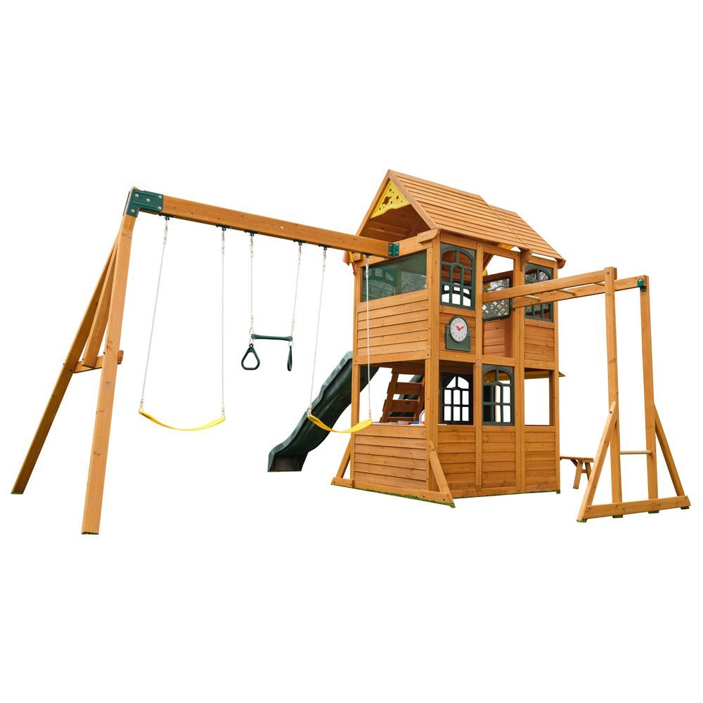 KidKraft Overland Heights Wooden Swing Set / Playset – Outdoor Clubhouse, Slides, Swings, Monkey Bars, and Play Kitchen for Kids Age 3+