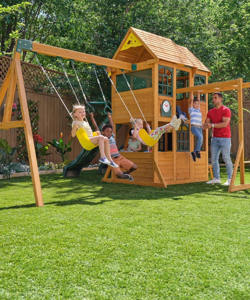 KidKraft Overland Heights Wooden Swing Set / Playset – Outdoor Clubhouse, Slides, Swings, Monkey Bars, and Play Kitchen for Kids Age 3+