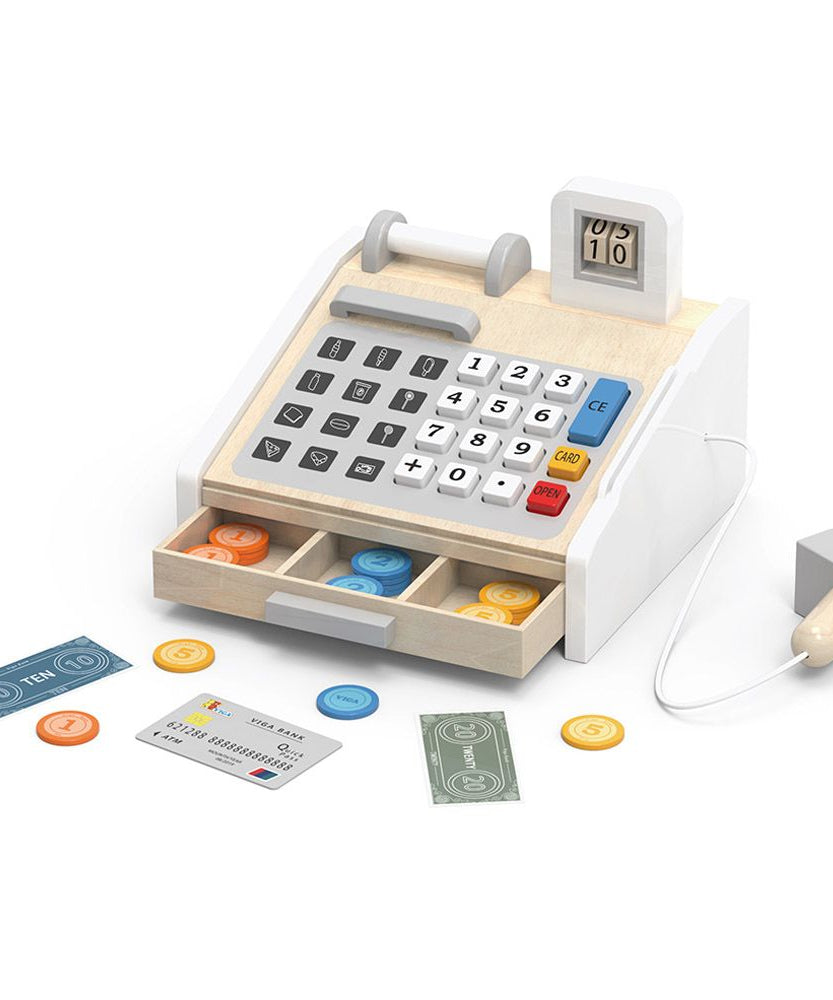 Viga Wooden Cash Register Playset with Scanner, Coins, Bills and Card Reader for Kids 3+ Role-Play Toy Multicolour
