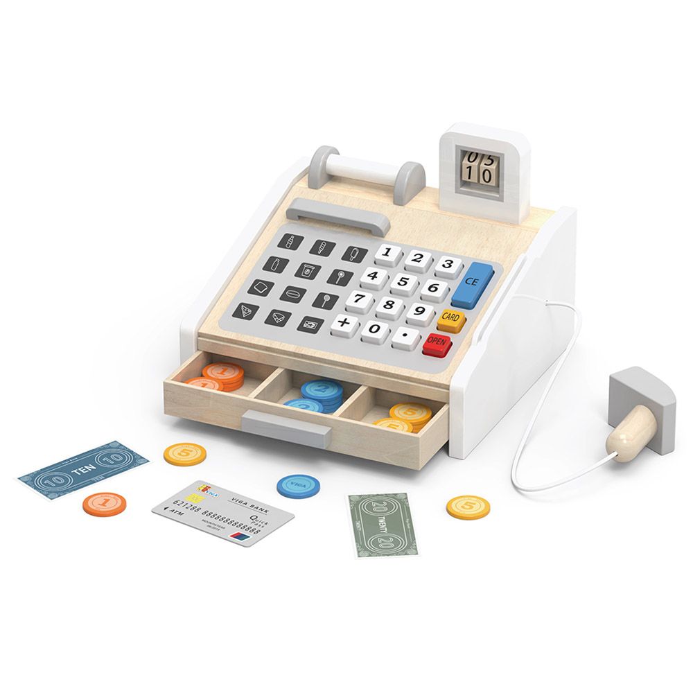 Viga Wooden Cash Register Playset with Scanner, Coins, Bills and Card Reader for Kids 3+ Role-Play Toy Multicolour