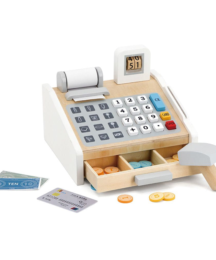 Viga Wooden Cash Register Playset with Scanner, Coins, Bills and Card Reader for Kids 3+ Role-Play Toy Multicolour