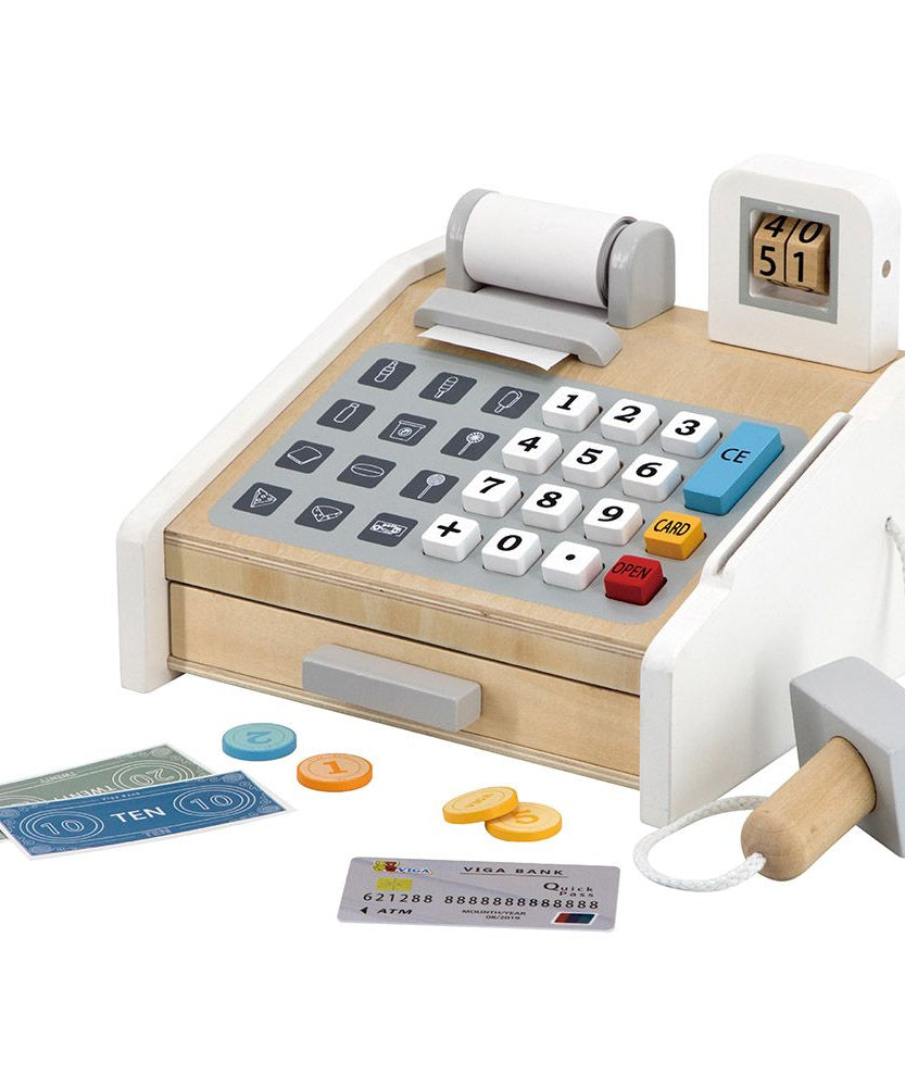 Viga Wooden Cash Register Playset with Scanner, Coins, Bills and Card Reader for Kids 3+ Role-Play Toy Multicolour