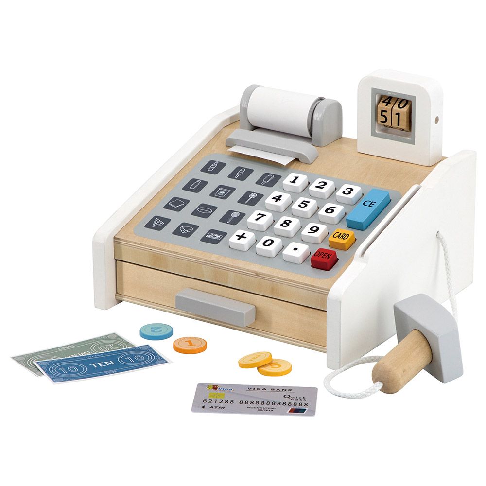 Viga Wooden Cash Register Playset with Scanner, Coins, Bills and Card Reader for Kids 3+ Role-Play Toy Multicolour