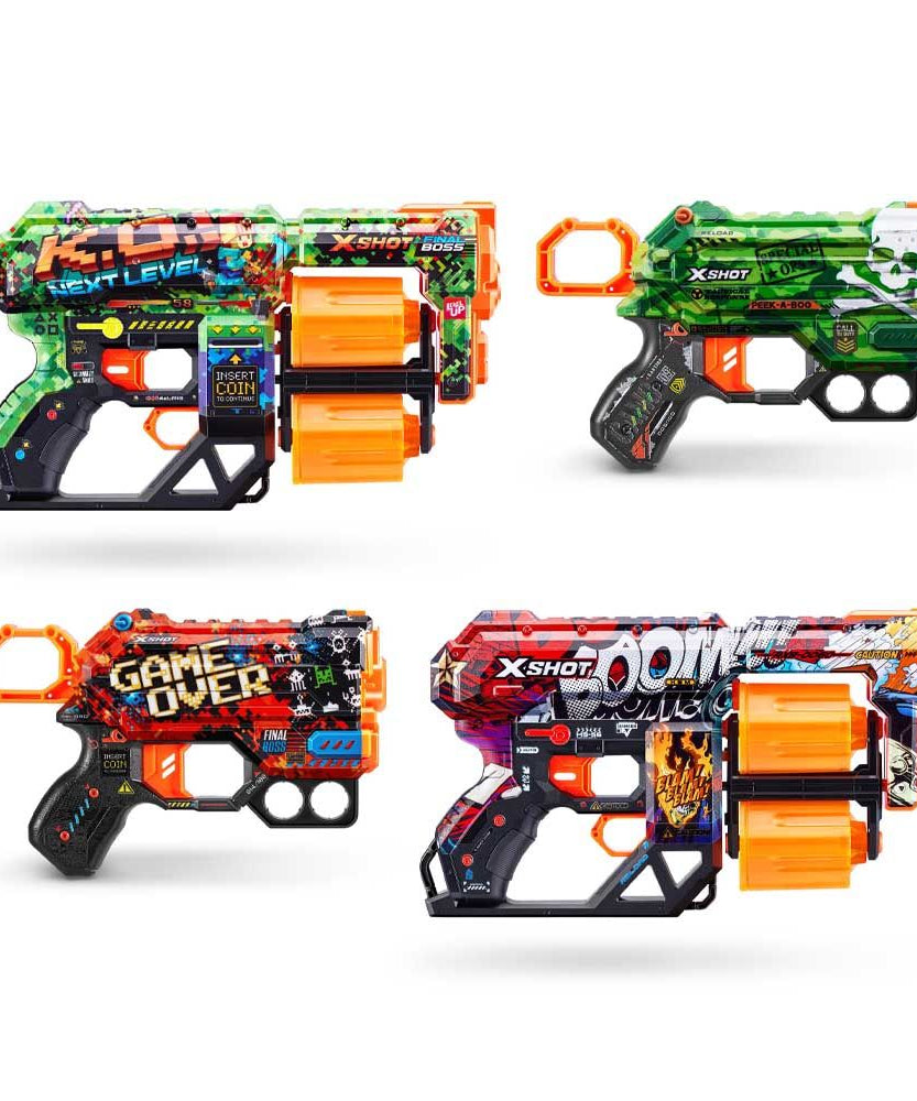 مجموعة إكس شوت سكينز دبل دريد دبل مينس المكونة من 4 مسدسات، 48 سهمًا إسفنجيًا، تقنية الجيب الهوائي، دوران مزدوج وسعة سهم واحد، مدى 27 مترًا، ألوان متعددة، للأعمار من 8 سنوات فما فوق