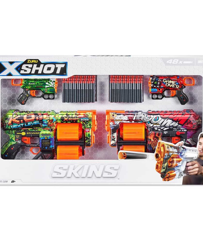 مجموعة إكس شوت سكينز دبل دريد دبل مينس المكونة من 4 مسدسات، 48 سهمًا إسفنجيًا، تقنية الجيب الهوائي، دوران مزدوج وسعة سهم واحد، مدى 27 مترًا، ألوان متعددة، للأعمار من 8 سنوات فما فوق