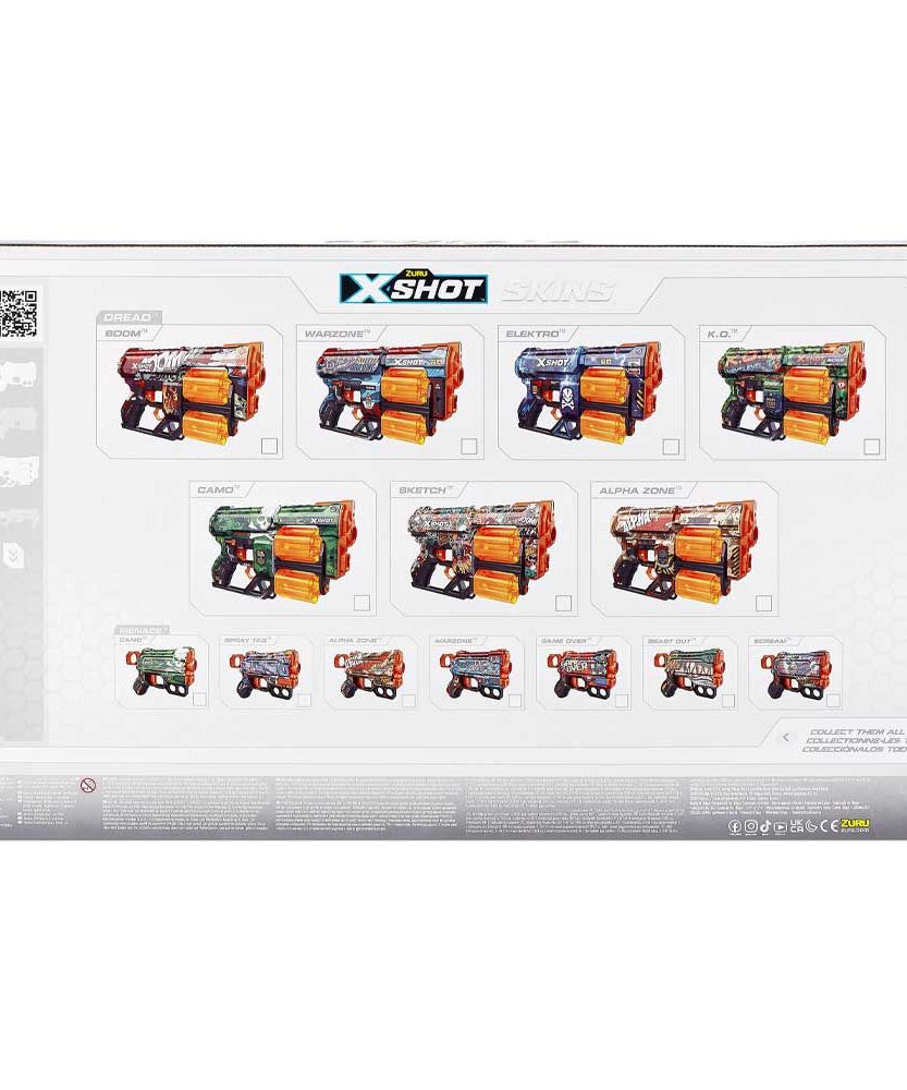 مجموعة إكس شوت سكينز دبل دريد دبل مينس المكونة من 4 مسدسات، 48 سهمًا إسفنجيًا، تقنية الجيب الهوائي، دوران مزدوج وسعة سهم واحد، مدى 27 مترًا، ألوان متعددة، للأعمار من 8 سنوات فما فوق