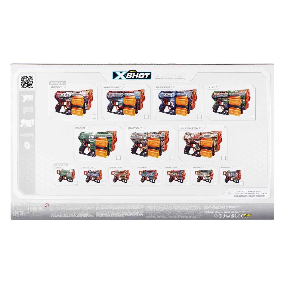 مجموعة إكس شوت سكينز دبل دريد دبل مينس المكونة من 4 مسدسات، 48 سهمًا إسفنجيًا، تقنية الجيب الهوائي، دوران مزدوج وسعة سهم واحد، مدى 27 مترًا، ألوان متعددة، للأعمار من 8 سنوات فما فوق