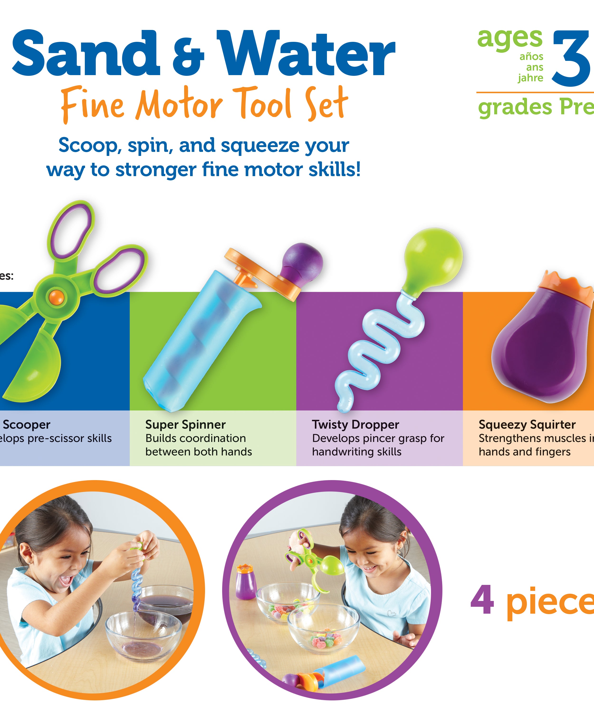 Learning Resources Sand & Water Fine Motor Tool Set, 4 Fun Tools for Sensory Play
