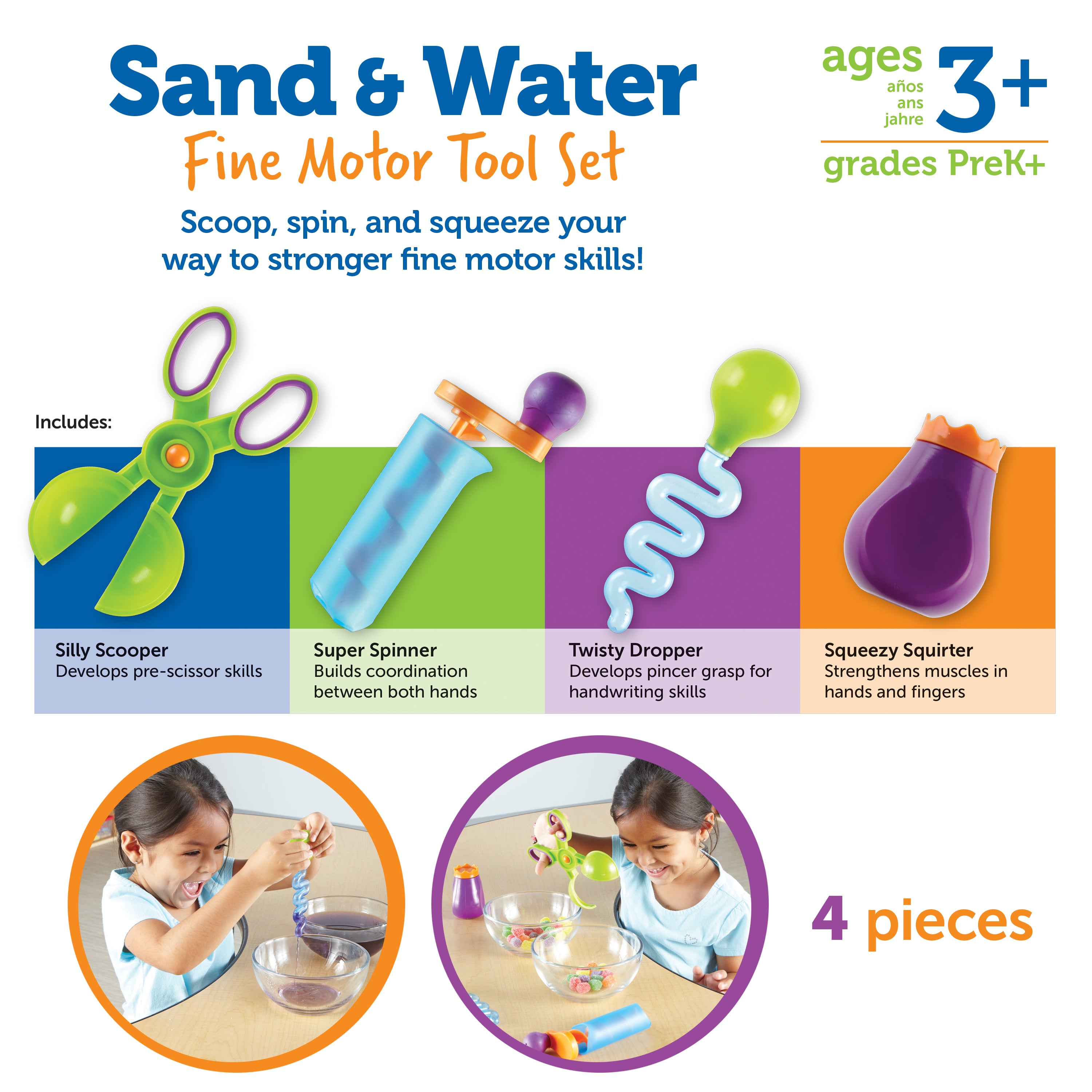 Learning Resources Sand & Water Fine Motor Tool Set, 4 Fun Tools for Sensory Play