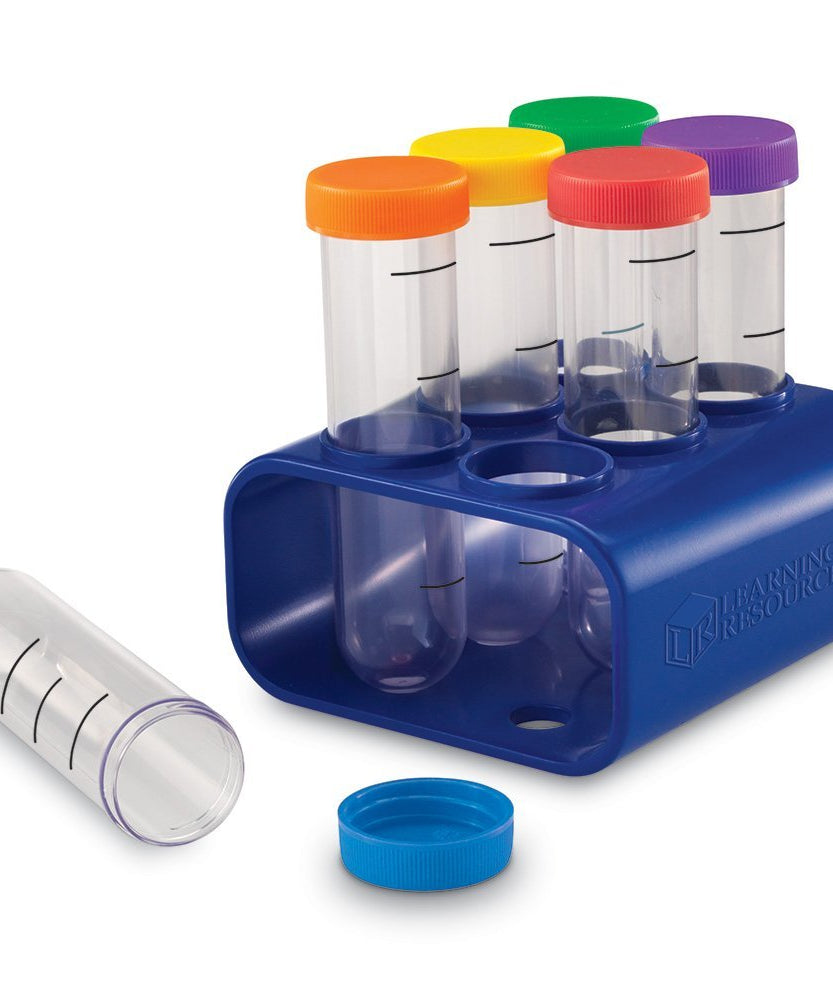 مصادر التعلم - أنابيب اختبار جامبو للعلوم الأساسية مع حامل، مثالية للتجارب العلمية المبكرة، مجموعة من 6 قطع مع علامات معايرة، للأعمار من 3 سنوات فما فوق