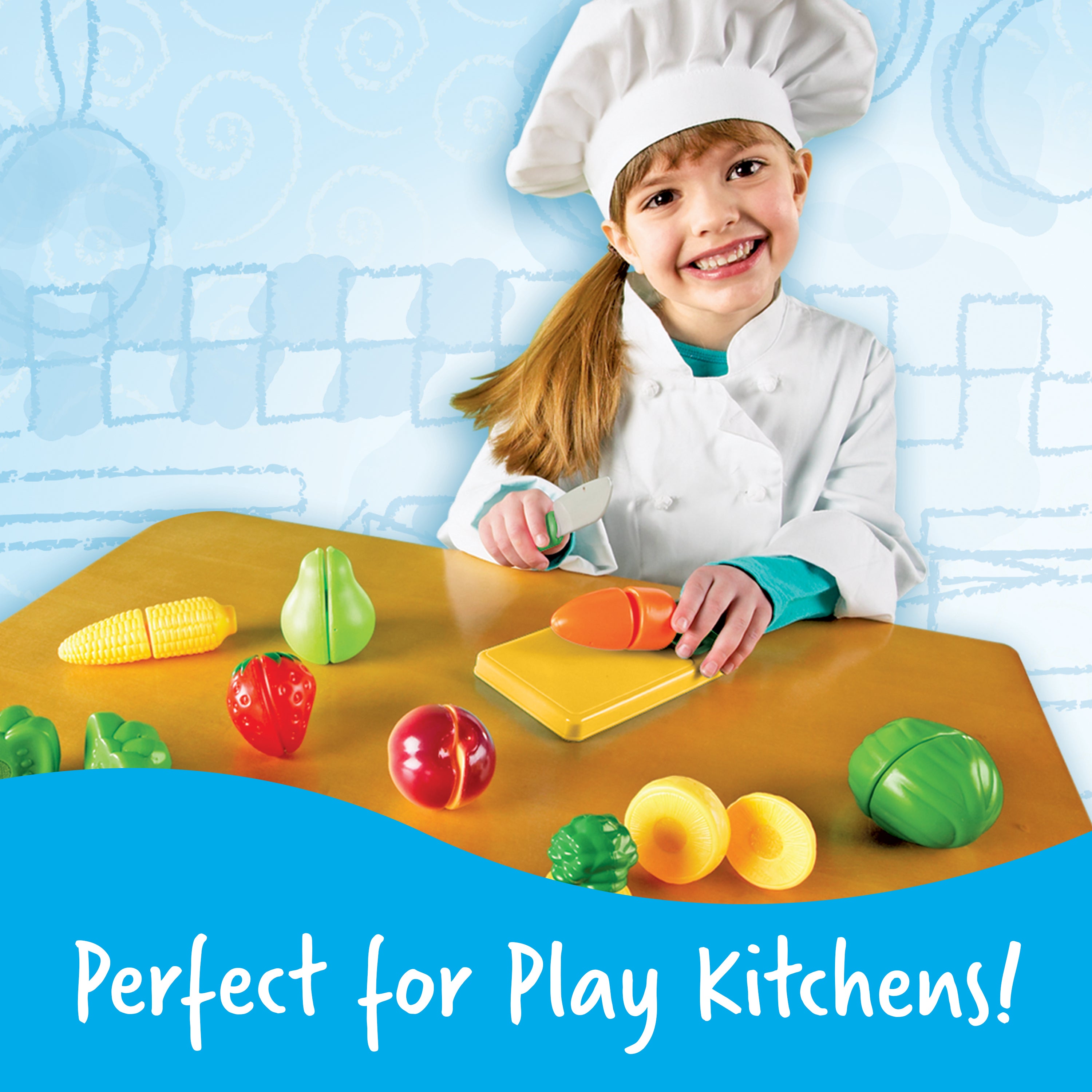 Learning Resources Pretend and Play Sliceable Fruits and Veggies, Set of 12 Healthy Food Play Pieces with Chopping Board and Knife, Imaginative Kitchen Toy for Fine Motor Skills, Ages 3+