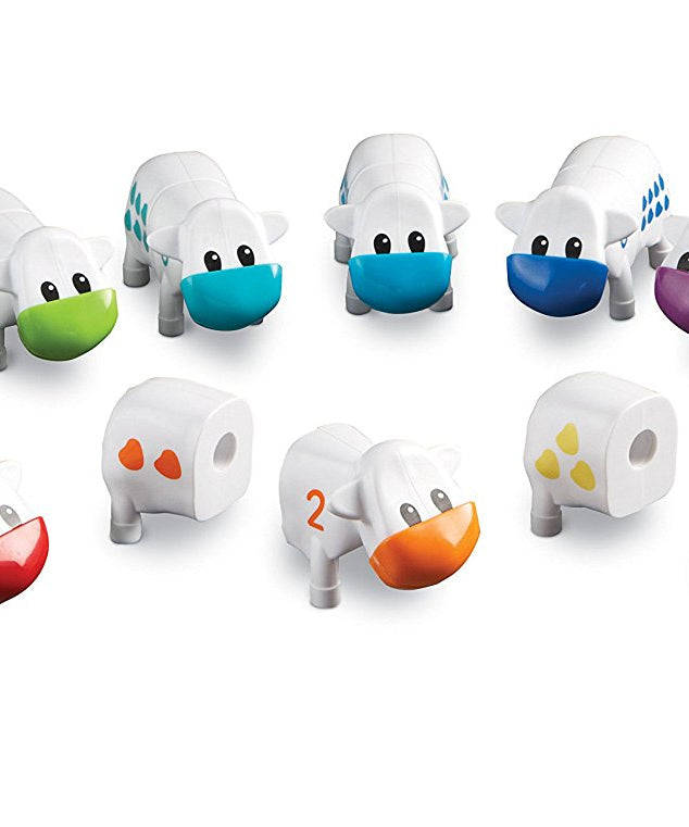 موارد التعلم Snap-n-Learn، لعبة عد الأبقار، لعبة رياضيات مبكرة للأطفال الصغار مع مطابقة الأرقام والأشكال، 10 أبقار ملونة من قطعتين مع حوض تخزين، للأعمار من سنتين فما فوق