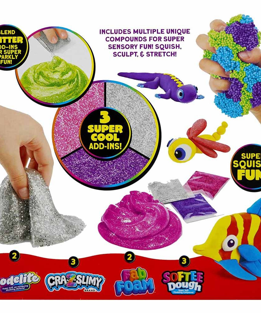 CraZart Cra-Z-Compounds Small Pack CA-60067, 4 Sensory Compounds Slimy + Fab Foam + Softee Dough + Modelite, Glitter Fun, Creative Play for Kids 3+