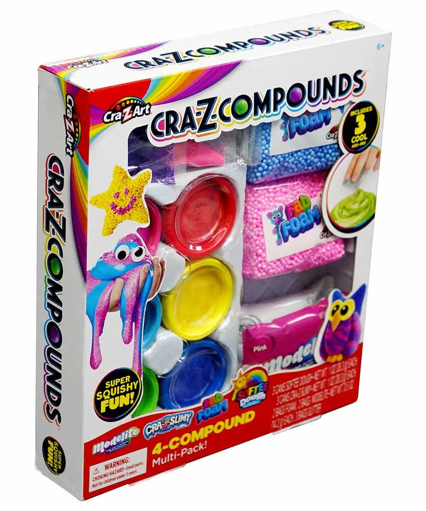 CraZart Cra-Z-Compounds Small Pack CA-60067, 4 Sensory Compounds Slimy + Fab Foam + Softee Dough + Modelite, Glitter Fun, Creative Play for Kids 3+