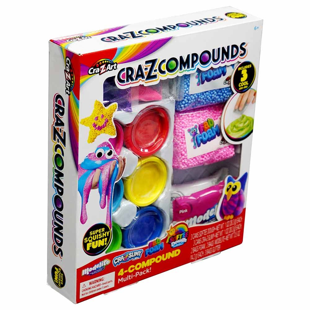 CraZart Cra-Z-Compounds Small Pack CA-60067, 4 Sensory Compounds Slimy + Fab Foam + Softee Dough + Modelite, Glitter Fun, Creative Play for Kids 3+