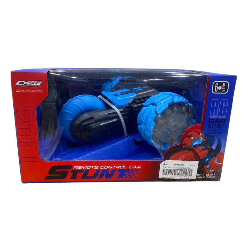 Craze Wheels 2-in-1 Stunt Double Sided Three Wheeled Remote Control Car with LED Lights – 2.4GHz RC Tricycle Drift & Deformation Car for Kids – Blue