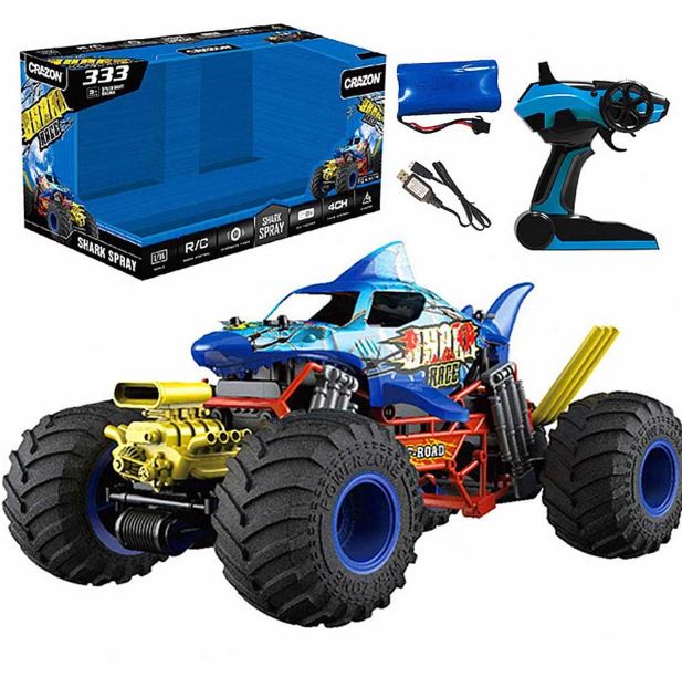 Crazon 1:10 Shark Monster RC Car with Fog Mist Effect, 2.4GHz Remote Control, Dual Rechargeable Batteries, 6+