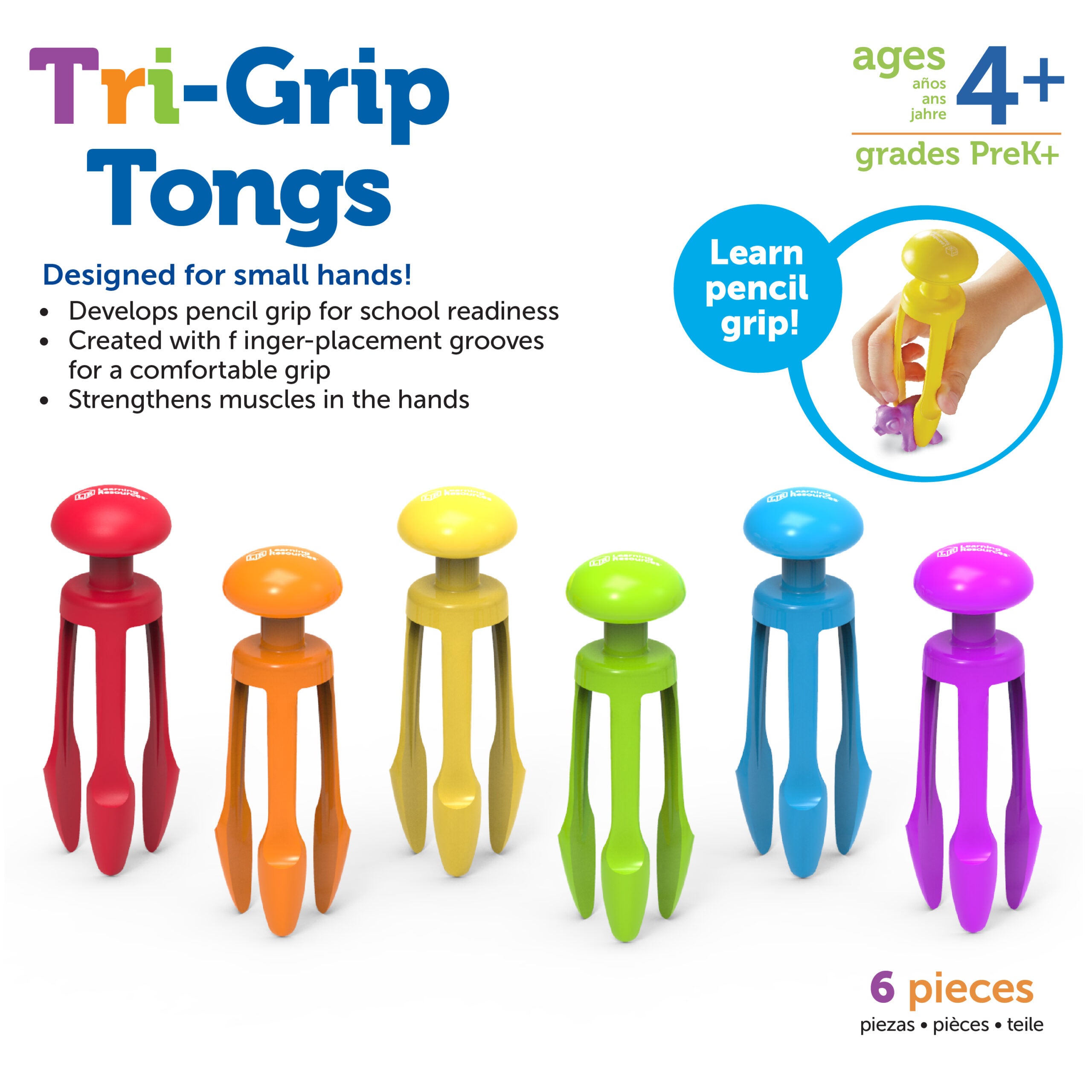 Learning Resources Tri-Grip Tongs, Set of 6, Fine Motor Skills Tool for Kids, Strengthens Pencil Grip, Includes Storage Bin, Ages 4+