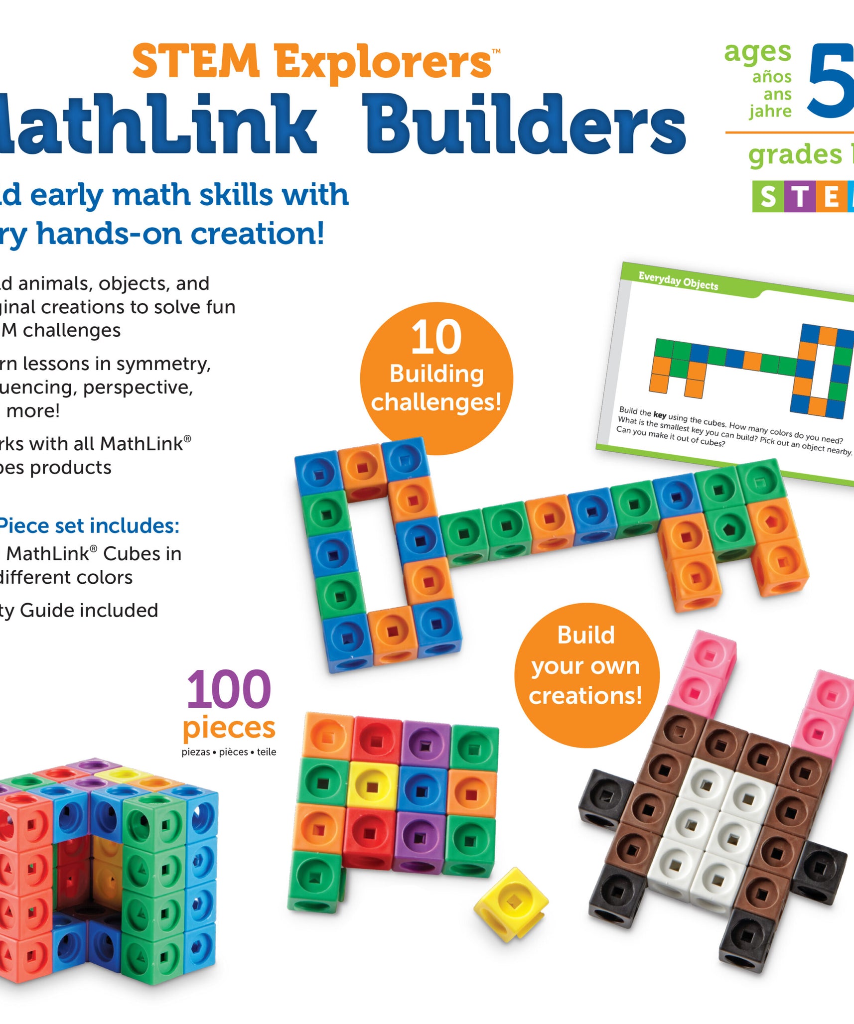 لعبة العد التعليمية MathLink Cubes من Learning Resources، مجموعة بناء STEM مع 100 مكعب و10 تحديات، تُعلّم الرياضيات المبكرة ومهارات حل المشكلات، للأعمار من 5 سنوات فما فوق