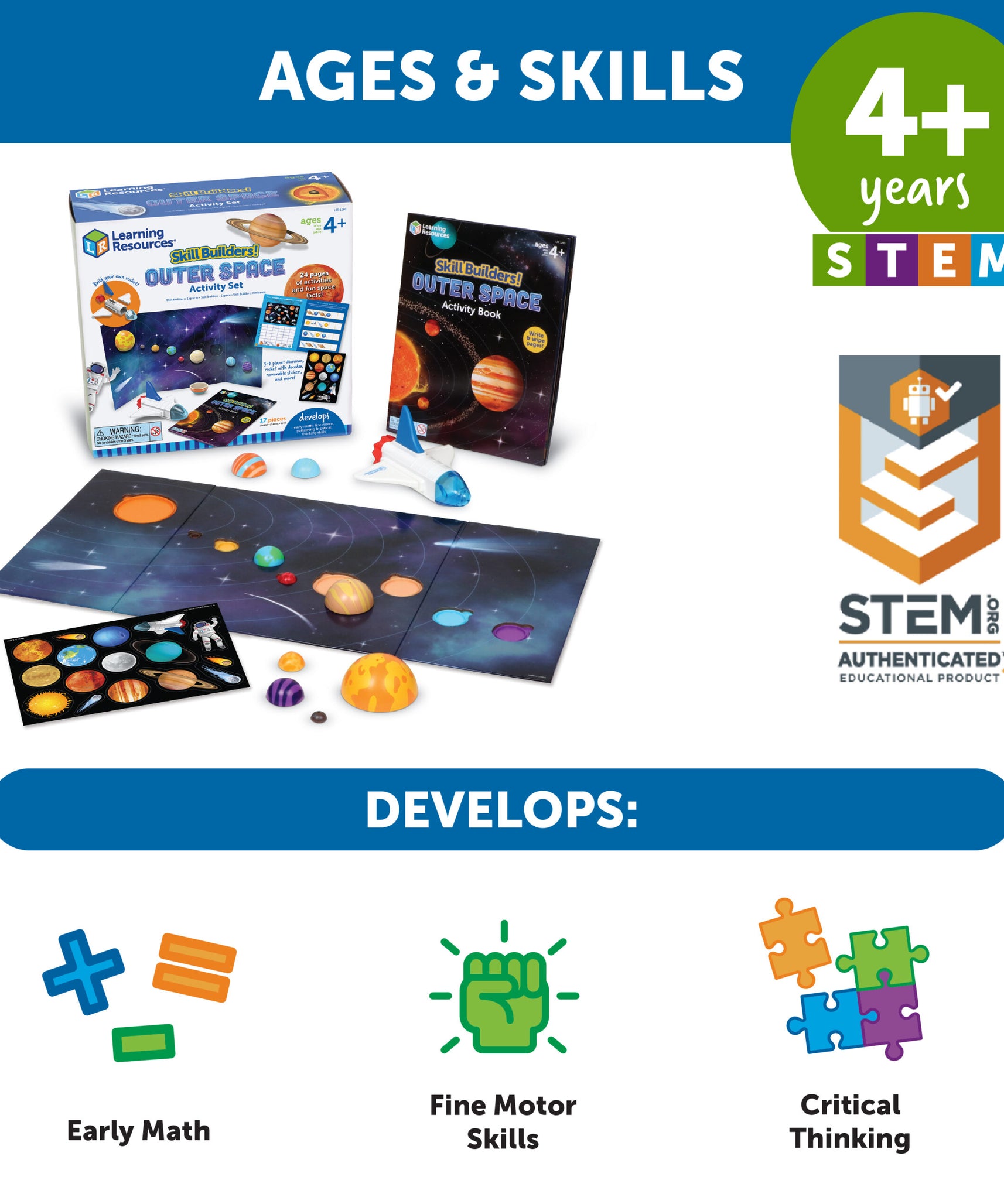 مجموعة أنشطة الفضاء الخارجي لمرحلة ما قبل المدرسة من Learning Resources Skill Builders مع صاروخ ثلاثي الأبعاد، وأحجية، وكتاب أنشطة الكتابة والمسح، للأعمار من 4 سنوات فما فوق