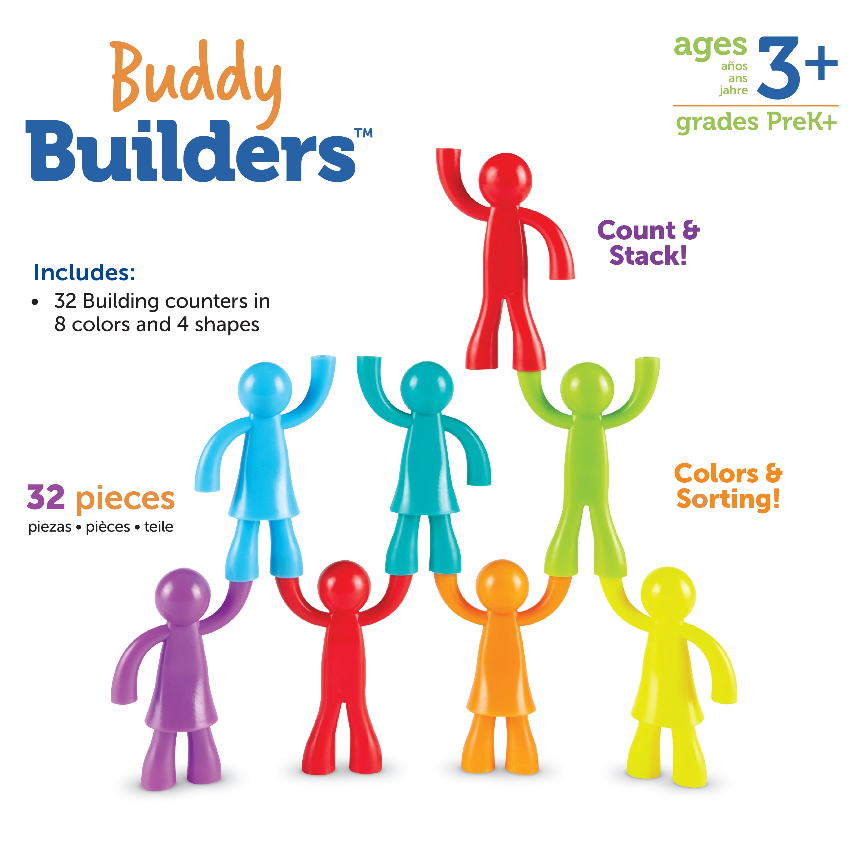 مجموعة أدوات البناء من Learning Resources All About Me Buddy Builders، مكونة من 32 شخصية، تُنمّي المهارات الحركية الدقيقة والرياضيات المبكرة، مثالية للعد والفرز والنمذجة، تتضمن 8 ألوان، مناسبة للأعمار من 3 سنوات فما فوق