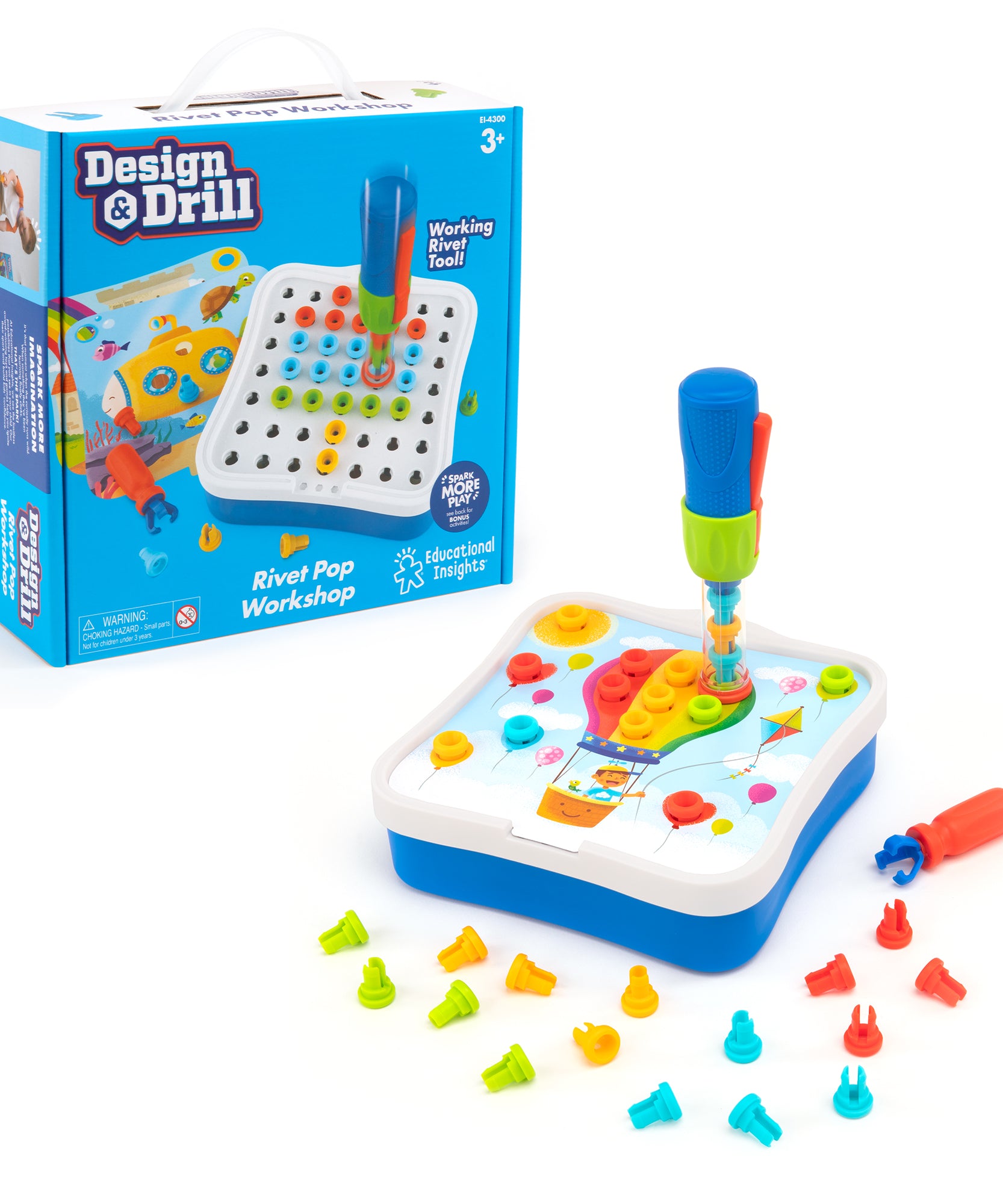 Learning Resources Design & Drill Rivet Pop Workshop, 54-Piece STEM Construction Toy with Activity Cards, Fine Motor Skill Builder for Ages 3+