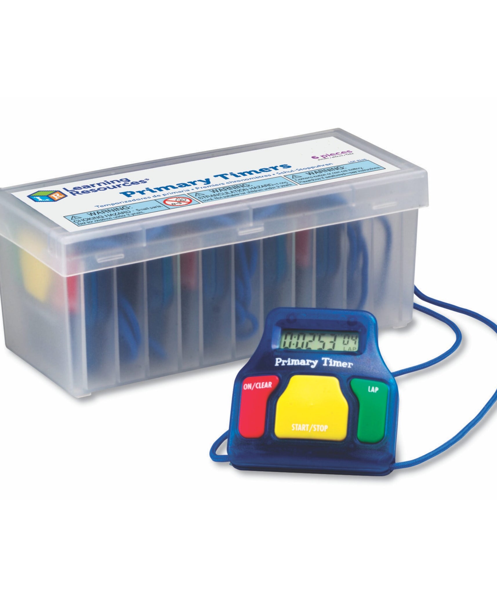 مؤقتات تعليمية أساسية (مجموعة من 6)، ساعة إيقاف سهلة الاستخدام مع وظيفة اللفة، تتضمن حبل أمان وحقيبة تخزين، بطارية زر 1.5 فولت، للأعمار من 3 سنوات فما فوق