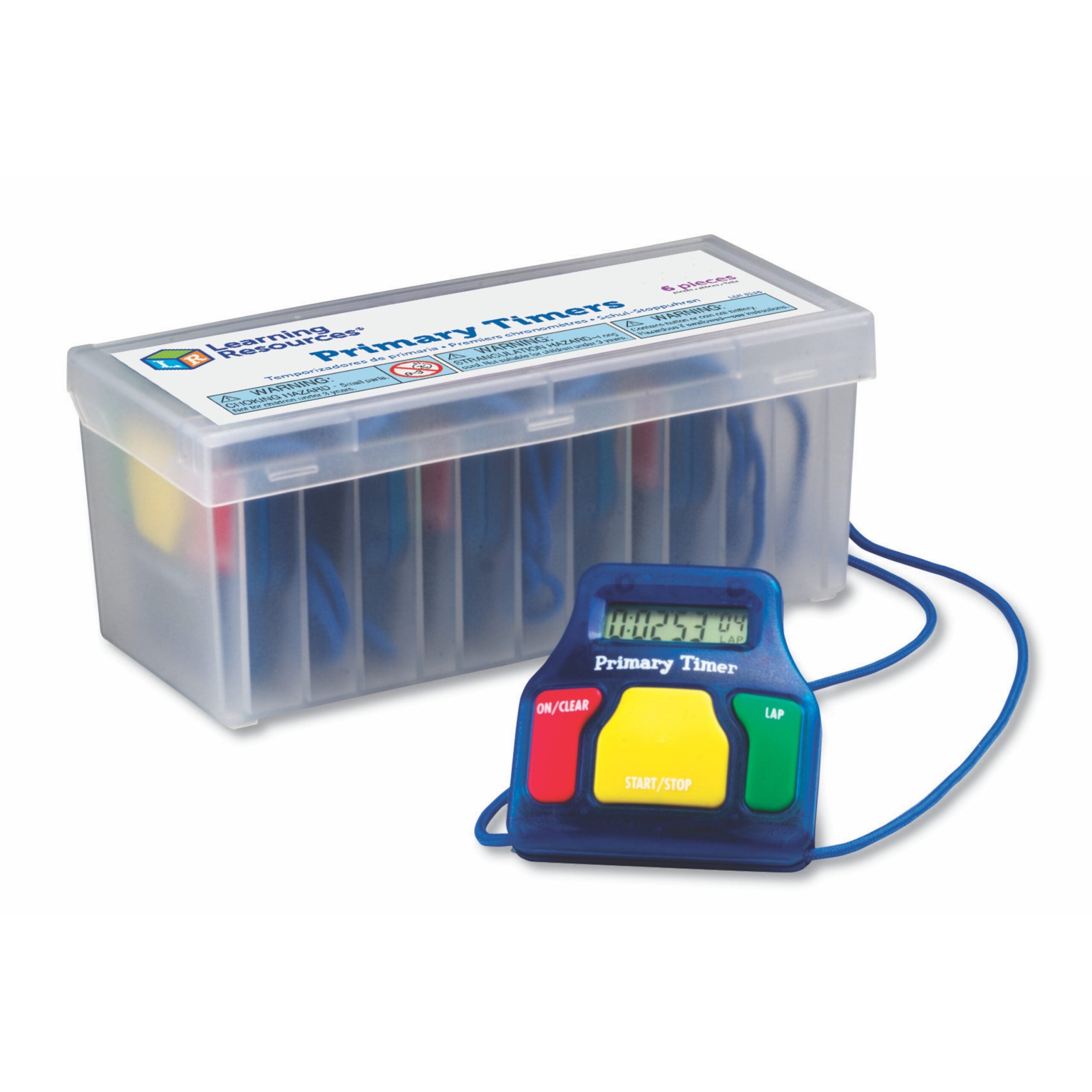 مؤقتات تعليمية أساسية (مجموعة من 6)، ساعة إيقاف سهلة الاستخدام مع وظيفة اللفة، تتضمن حبل أمان وحقيبة تخزين، بطارية زر 1.5 فولت، للأعمار من 3 سنوات فما فوق
