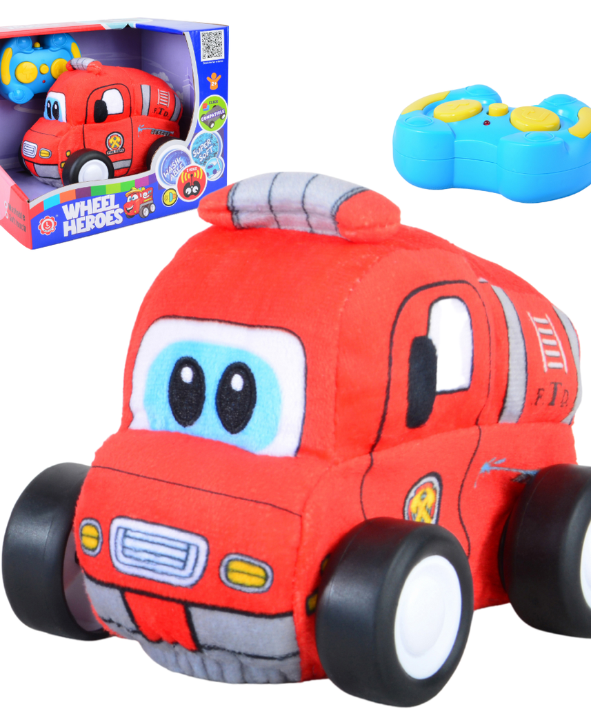 Fire Plush Car, Soft Remote Control Toy with Lights and Sounds, Fun Rescue Vehicle Gift for Boys Aged 3+