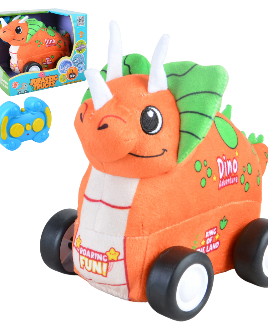 Triceratops Plush Car, Dinosaur Remote Control Toy with Lights and Sounds, Fun Prehistoric Gift for Boys Aged 3+