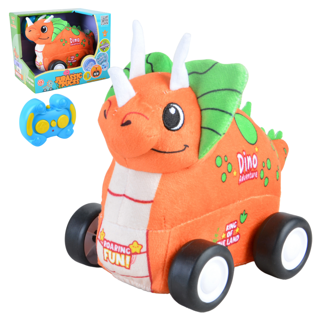 Triceratops Plush Car, Dinosaur Remote Control Toy with Lights and Sounds, Fun Prehistoric Gift for Boys Aged 3+