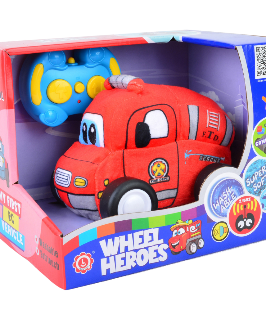 Fire Plush Car, Soft Remote Control Toy with Lights and Sounds, Fun Rescue Vehicle Gift for Boys Aged 3+