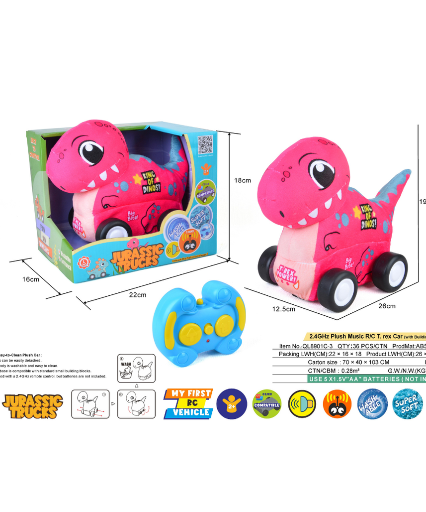 T-Rex Plush Car, Dinosaur Remote Control Toy with Lights and Sounds, Exciting Gift for Boys Aged 3+