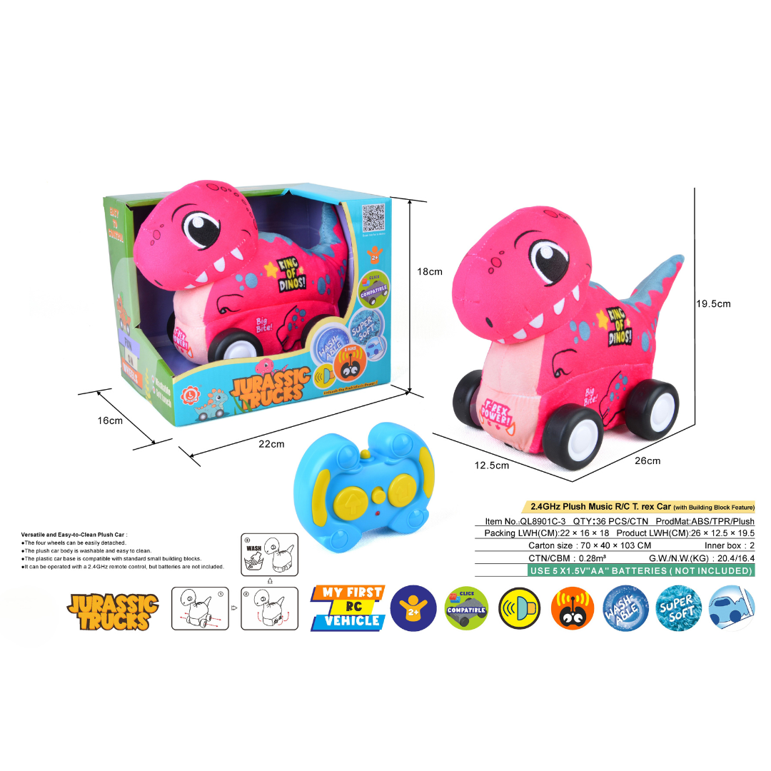 T-Rex Plush Car, Dinosaur Remote Control Toy with Lights and Sounds, Exciting Gift for Boys Aged 3+