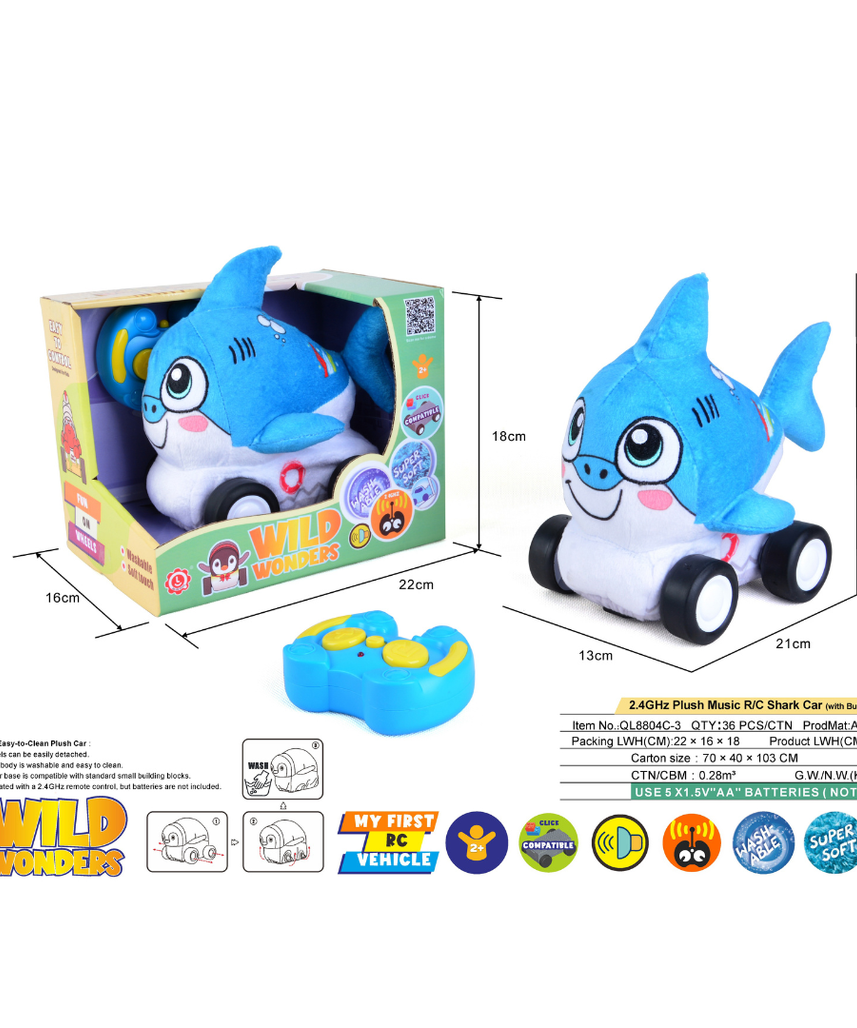 Shark Plush Car, Soft Remote Control Toy with Lights and Sounds, Cool Ocean Adventure Gift for Boys Aged 3+